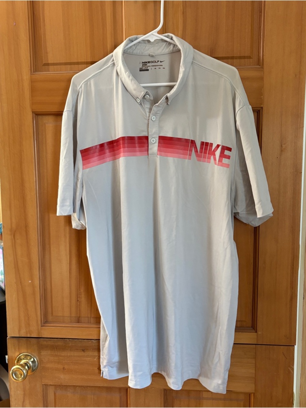 Nike Men’s Light Gray Polo with Red/Pink Gradient Stripe